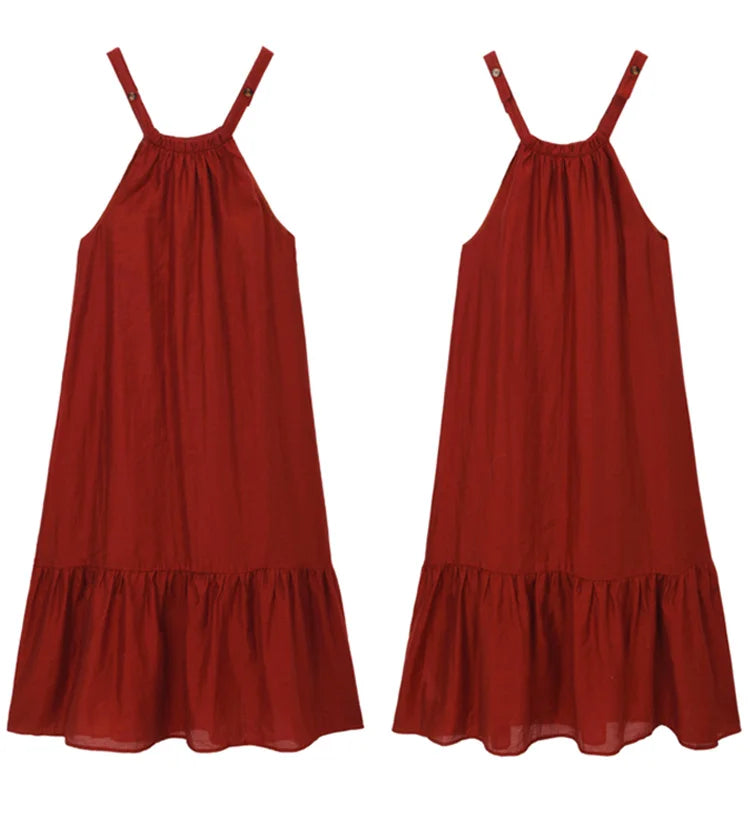 MISHOW Red Linen Strap Midi Dress Summer Sleeveless Casual Vacation Dress Hanging Neck Loose A-LINE Dress (Not A Set) MXE36L2309