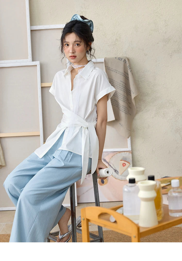 MISHOW Sea Salt Blue Wide Leg Pants 2025 Summer Contrasting Bead Belt Cotton Blend Trousers Slim Commuting Pants MXE35K0931
