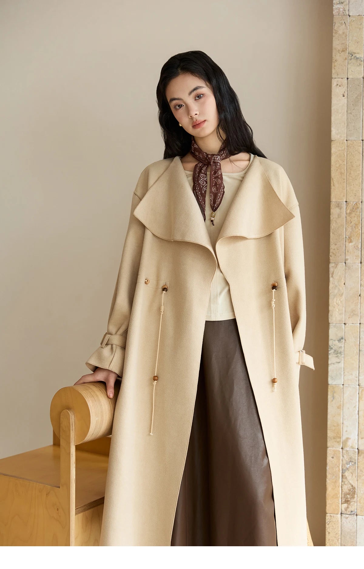 MISHOW Woolen Coat for Women 2025 Autumn Winter New Style Drawstring Waist Large Lapel Mid-length Commuter Loose Coat MXE45W0841