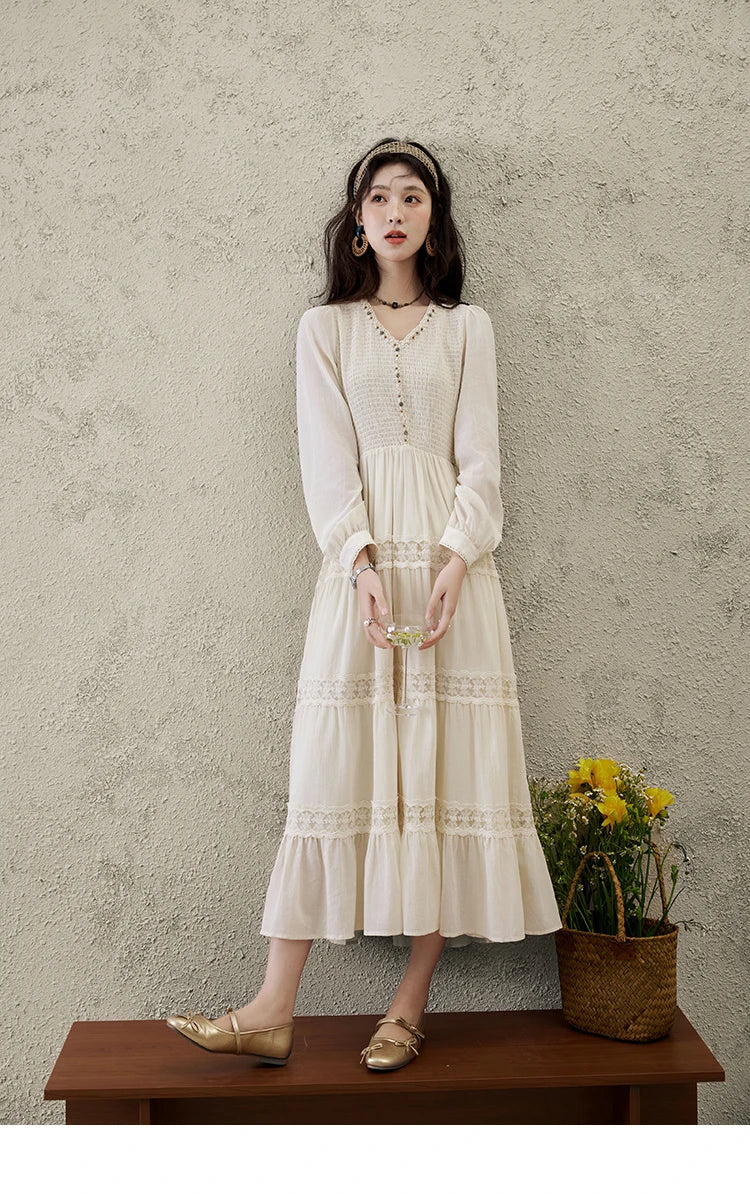 MISHOW Apricot Vacation Dress for Women Spring 100 Cotton Splicing Lace Retro Dress V-neck Waist Slim Long Dresses MXE16L2168