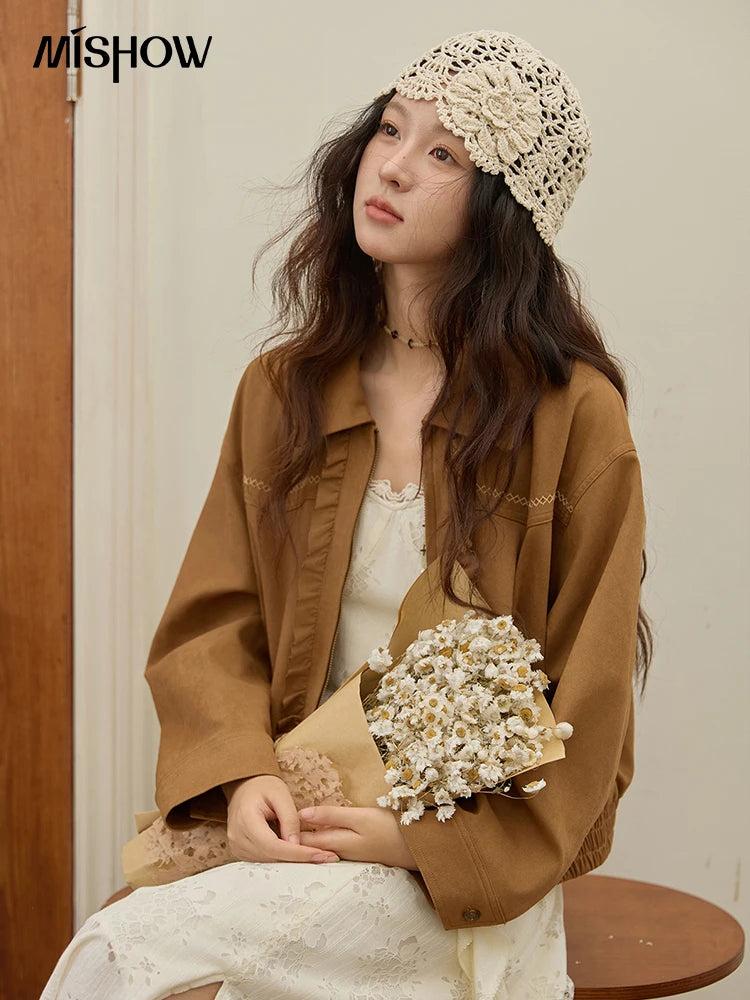 MISHOW Brown Suede Short Coat with Fungus Edge Pleating Autumn 2025 Lapel Zipper Casual Jackets Hem Elasticity Coats MXE43W0803