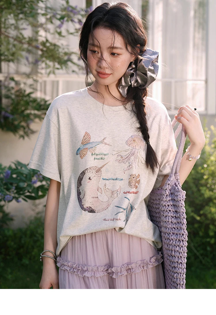 MISHOW Fashion Print T-shirts for women 2025 Summer New O-Neck Loose Casual Short Sleeve Cotton Top Female Clothing MXE36T0575