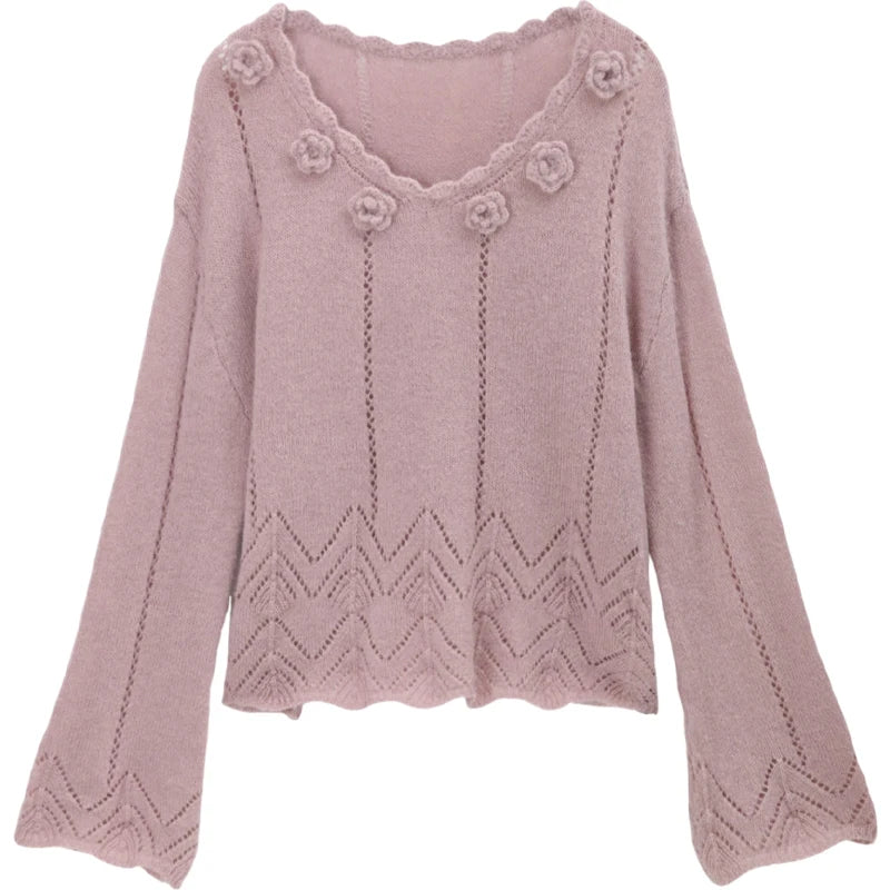 MISHOW Elegant Women's Sweaters 2025 Autumn Purple Hollow Out Wave V-neck Crochet Design Knitted Top Casual Pullovers MXE45Z1391