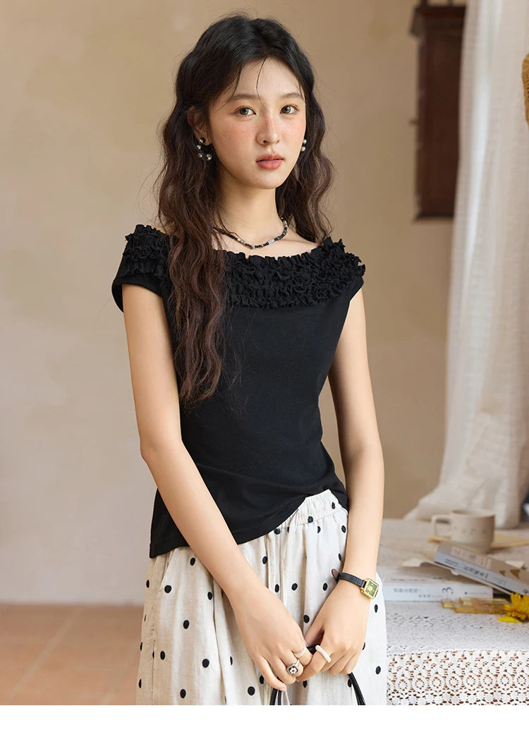 MISHOW French Stringy Selvedge One Neck T-shirt for Women Summer 2025 Raglan Sleeves Wool Short Top Sexy Solid Tees MXE34T0605