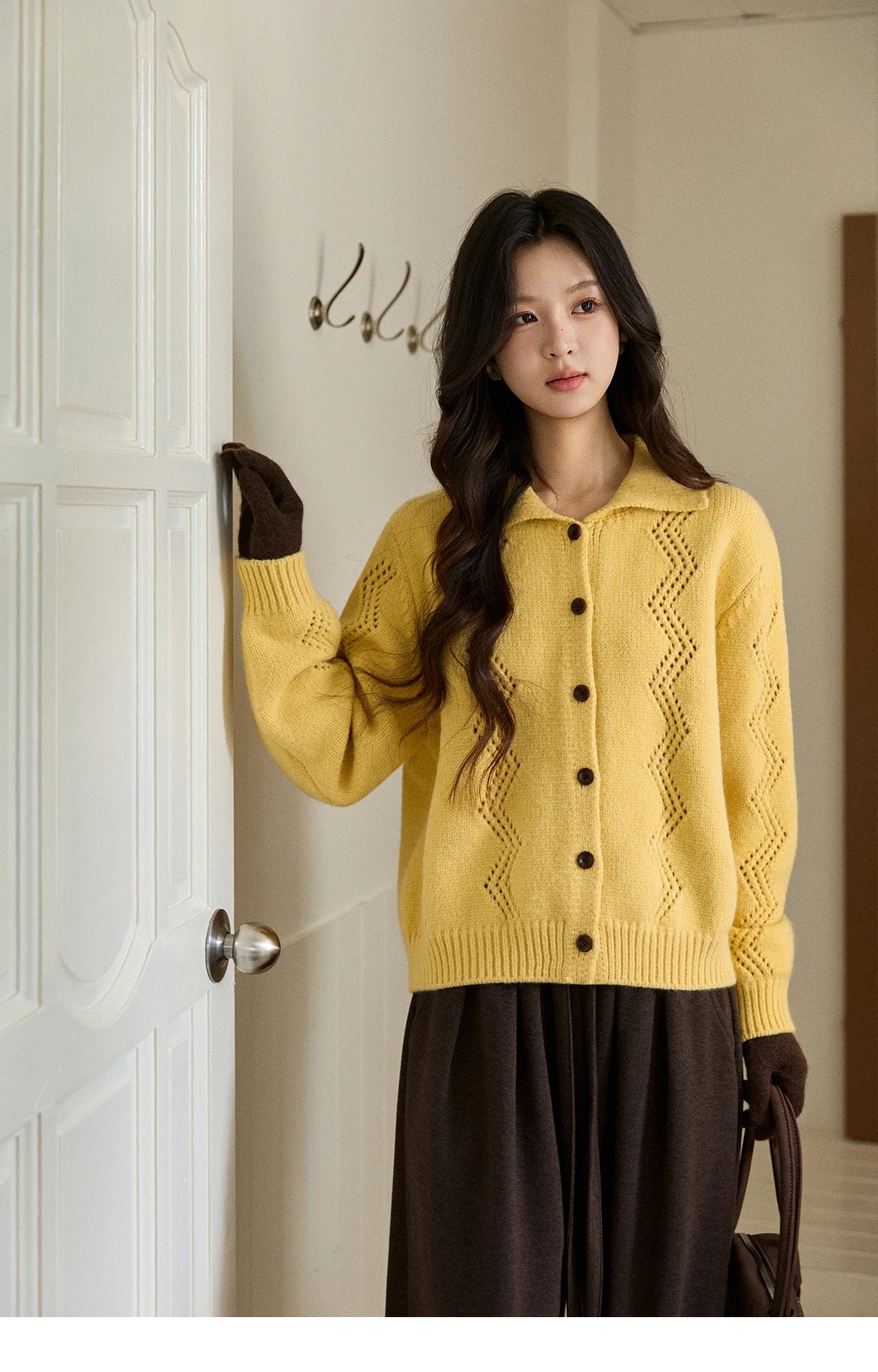 MISHOW Women's Hollow Pattern Knitted Cardigan 2025 Winter Yellow Lapel Single Breasted Sweater Loose Pullover Tops MXE94Z2961