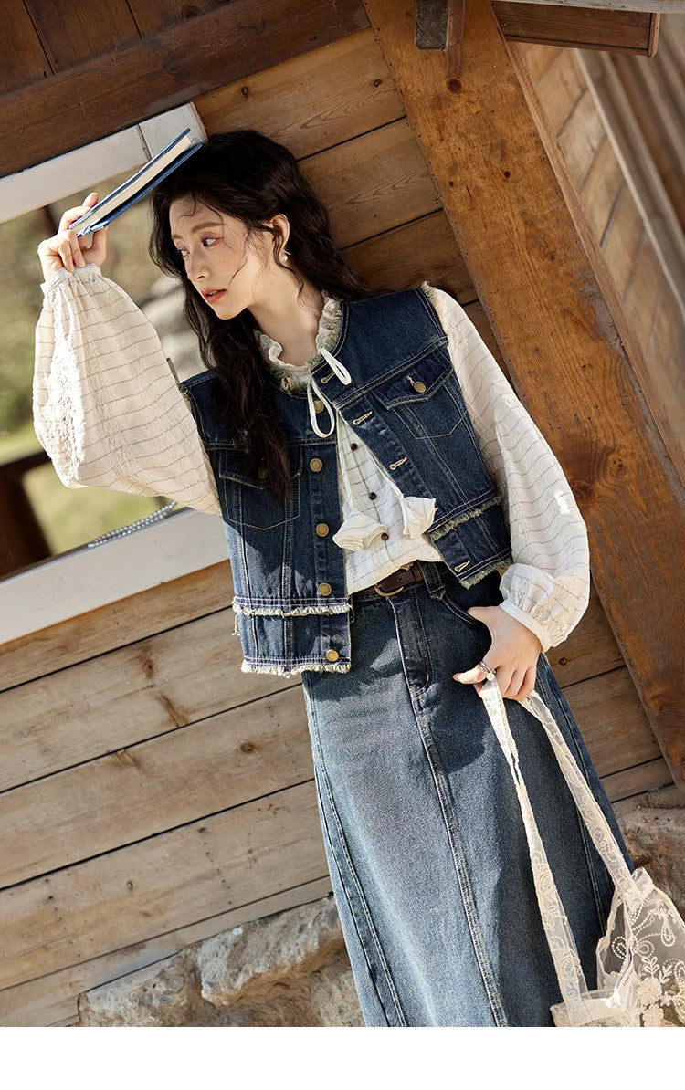 MISHOW Office Lady Spring Vest Female New Sleeveless Round Neck Raw Edge Denim Vests Women Fashion Retro Coat Woman MXE12W0710