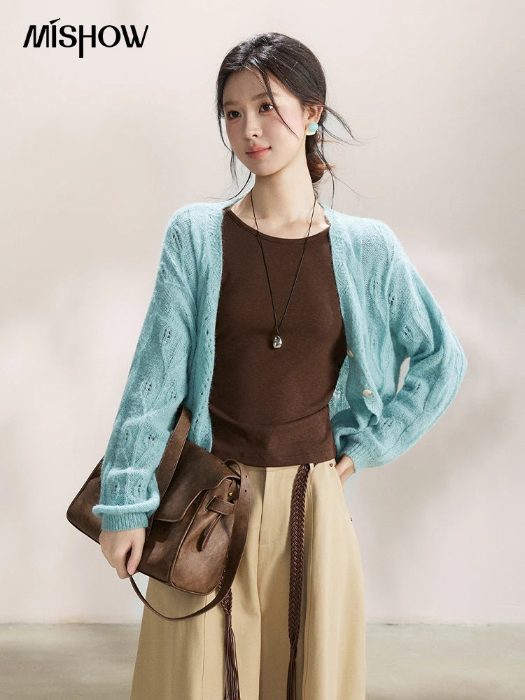 MISHOW Women's Blue Hollow Out Knit Cardigan 2026 Spring V Neck Wool Blend Tops Single Breasted Casual Thin Sweater MXF13Z2975