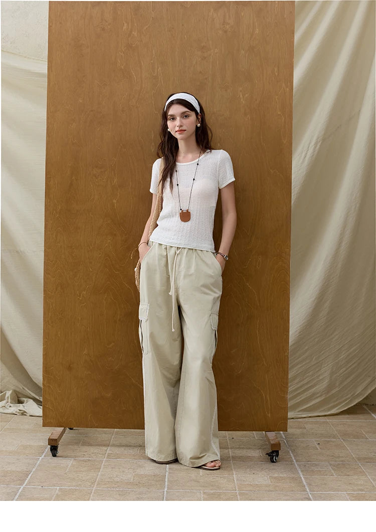 MISHOW Apricot Cargo Pants for Women in Summer 2025 Lace Patchwork Casual Pants Drawstring Elastic Waisted Trousers MXE33K0935