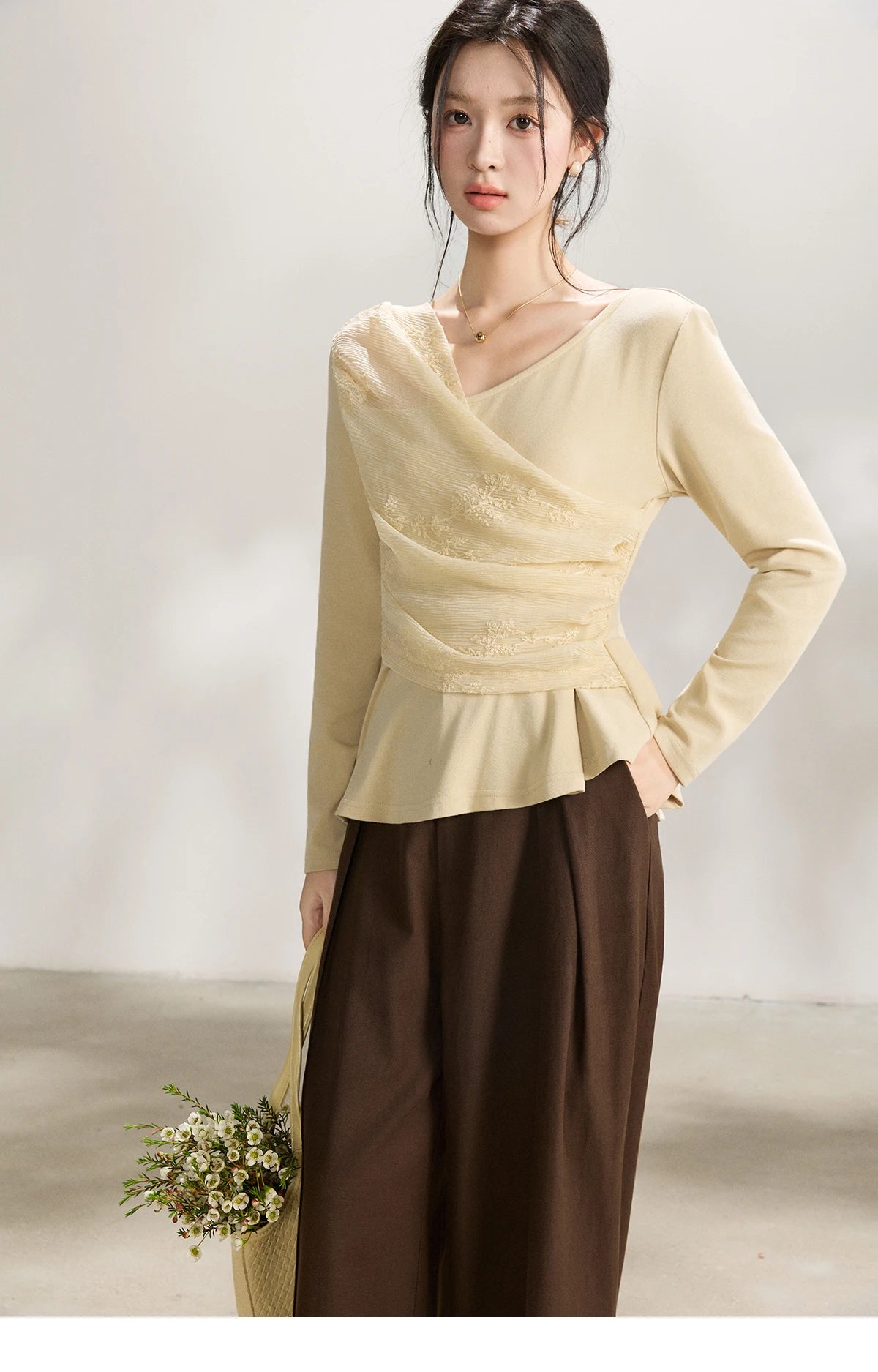 MISHOW Women's Asymmetric Lace Patchwork Tops 2026 Spring V Neck Long Sleeve Top Ruched Waist Ruffled Hem Casual Tees MXF11Z2942