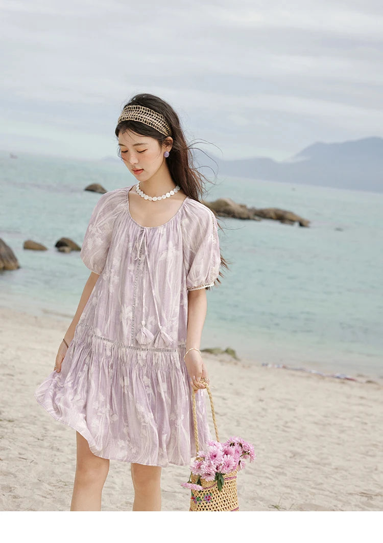 MISHOW Print Summer Chiffon Dress Women 2025 Short Sleeve U Neck Splicing Hollow Lace Midi Dresses Lady New Fashion MXE32L2164