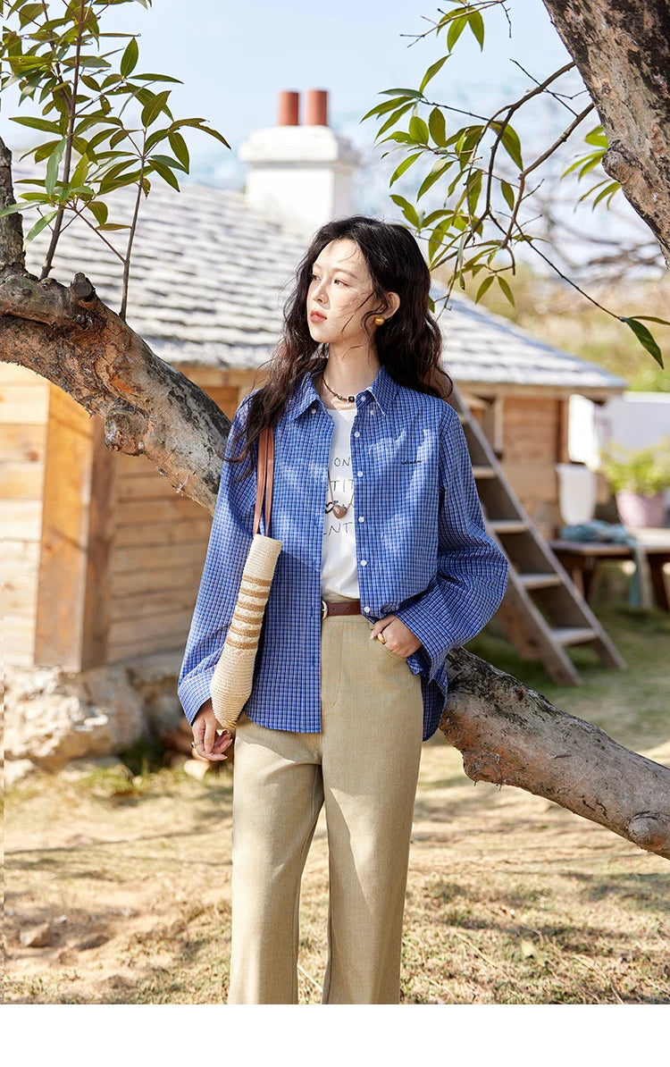 MISHOW Fashion Retro Blue Checkered Shirt Women's Autumn New Loose Casual Lapel Cotton Shirts Long Sleeves Tops Women MXE11C0398