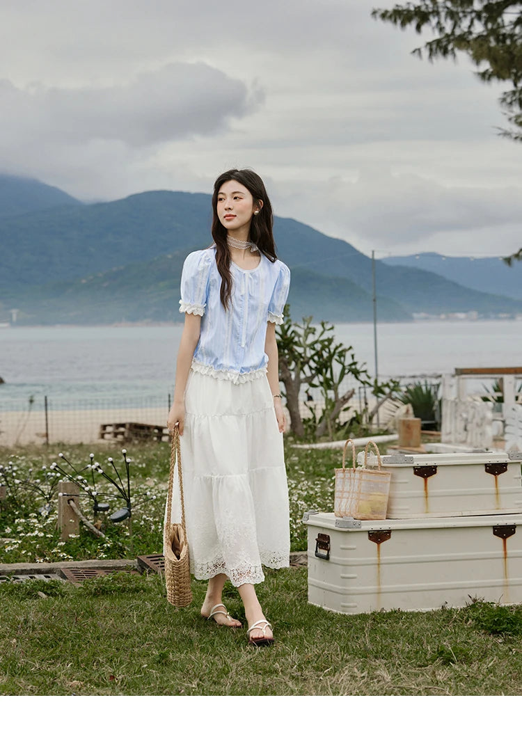 MISHOW French Striped Summer Blouses Women 2025 New Short Puff Sleeve Round Neck Lace Patchwork Shirts Fashion Tops MXE32X1759