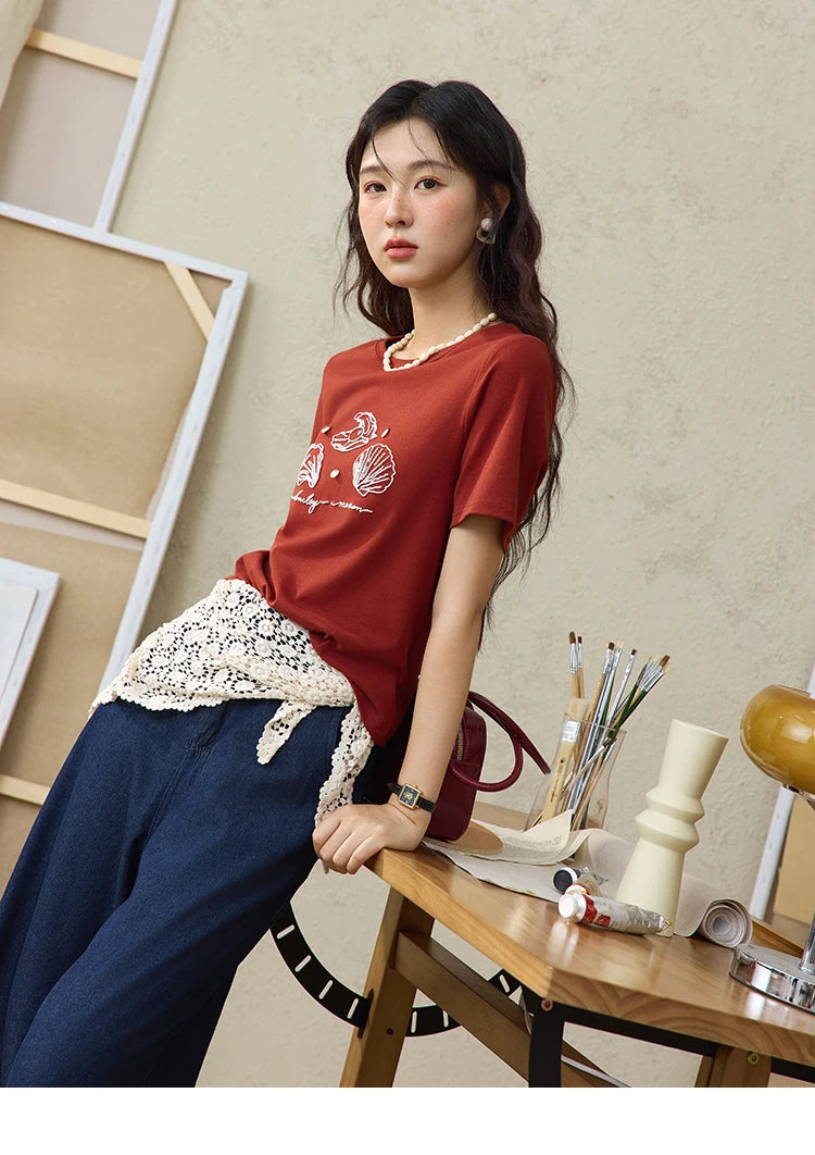 MISHOW Women's Shell Embroidered T-shirt 2025 Summer Short Sleeve Cotton Blend Tops Loose Slim Round Neck Casual Tees MXE34T0570