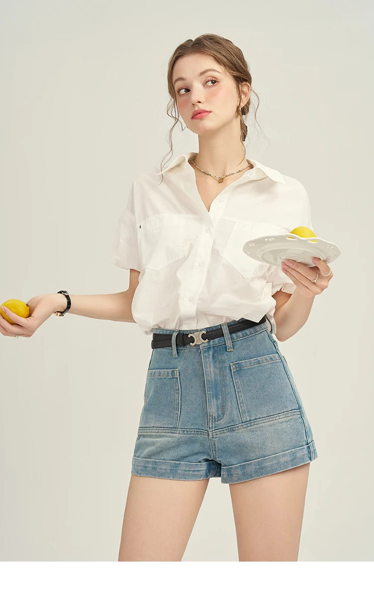 MISHOW Women's Denim Blue Shorts 2025 Summer Korean High Waist Pockets Shorts Female Straight Slim Casual Short Pants MPD26K0618