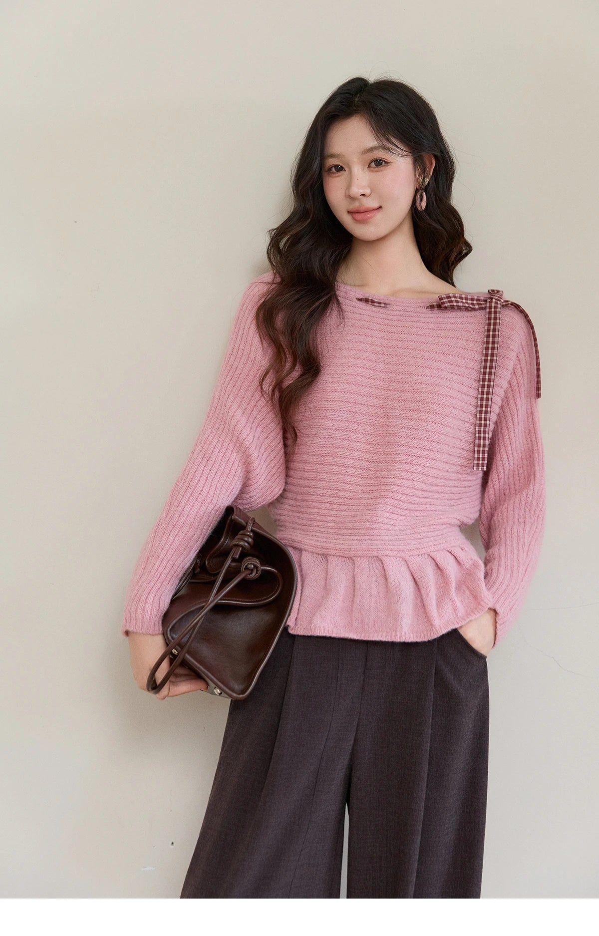 MISHOW Women's Pink Ribbed Knit Sweater 2026 Spring Plaid Bow Decor Peplum Hem Long Sleeve Casual Slim Pullover Tops MXF11Z3016