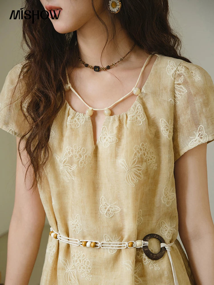 MISHOW Fashion Butterfly Embroidery Dress 2025 Summer Splicing Beaded Collar Comes with Retro Belt Dresses MXE36L2250