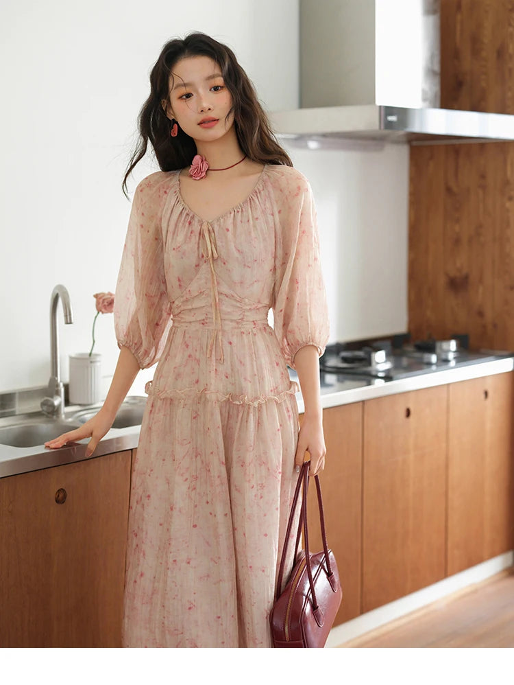 MISHOW Korean Women's Floral Pink Dress Autumn Convertible V Neck Off Shoulder Bubble Sleeves Elastic Waist Dresses MXE41L2479