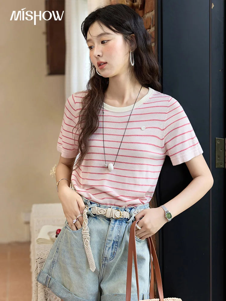 MISHOW Striped Knitted T-shirt for Women Summer 2025 Color Contrasting Round Neck Tees Wool Blended Slim Casual Top MXE35Z1270