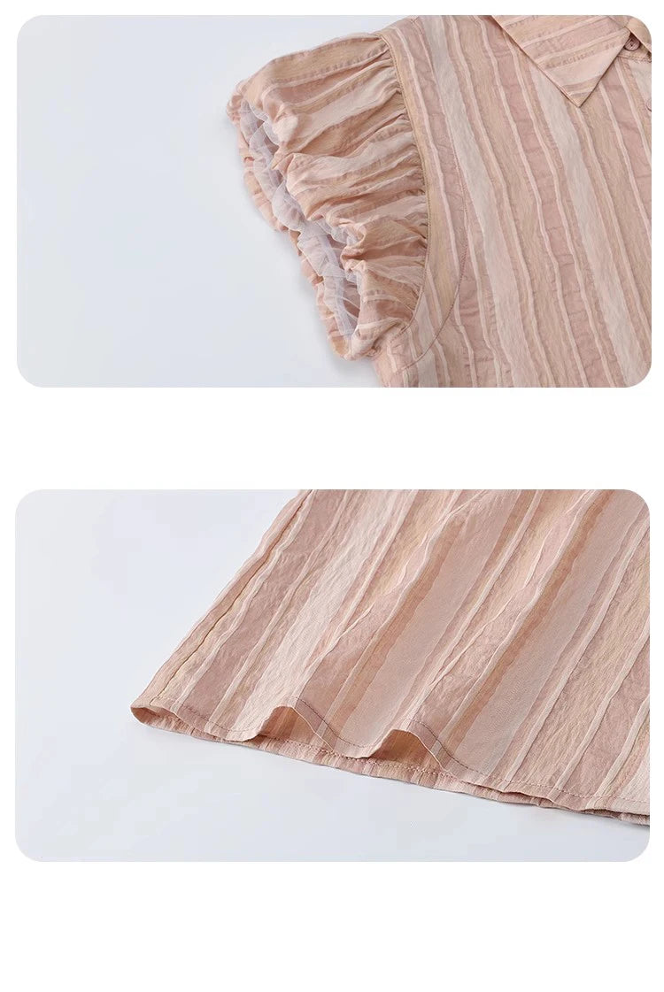 MISHOW Pink Turn-down Collar Flower Bud Sleeve Shirt for Women 2025 Summer New Women's Clothing Button Striped Shirt MXD24C0204