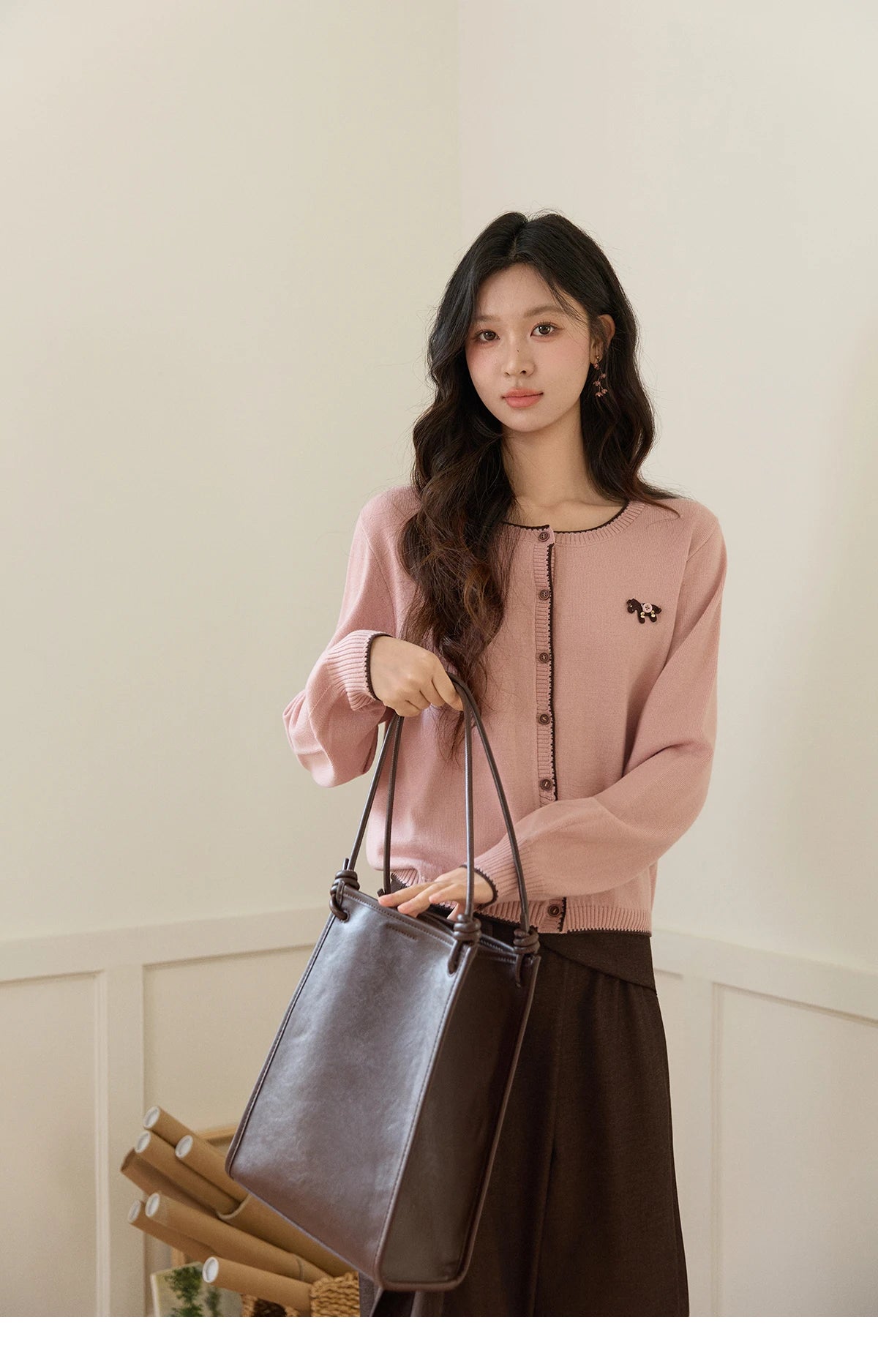 MISHOW Contrast Trim Crew Neck Knit Cardigan 2026 Spring Single Breasted Casual Pink Sweater with Pony Decoration MXF108Z1023