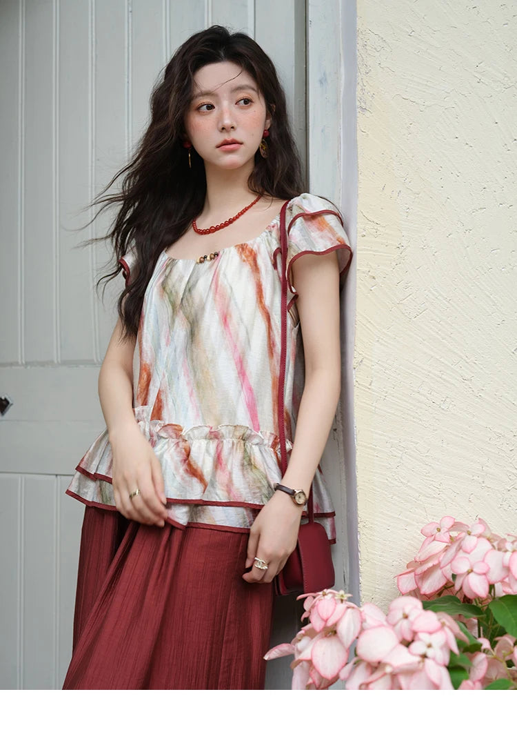 MISHOW Women's Retro Stripe Print Blouse 2025 Summer New Fashion O-Neck Butterfly Sleeve Ladies Casual Patchwork Top MXE38X1862