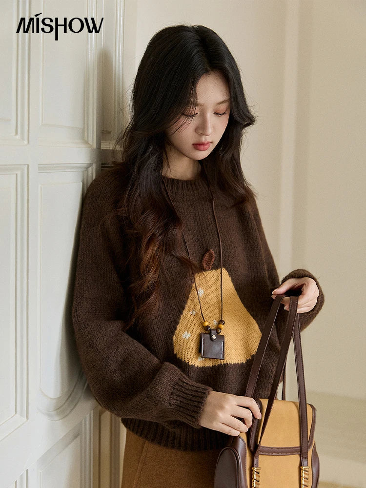 MISHOW Pear Pattern Jacquard Knitted Sweater Autumn Winter Crew Neck Loose Sweaters Wool Blend Warm Pullover Tops MXE94Z2959