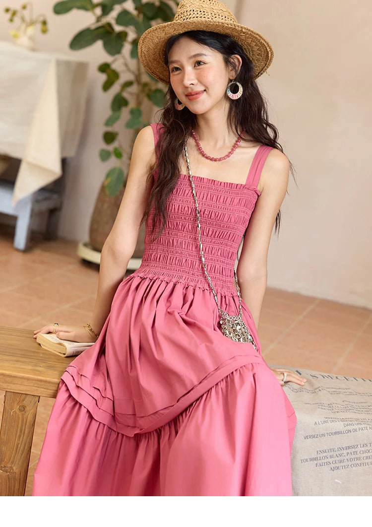 MISHOW Sling Square Collar Dress for Women 2025 Summer High Waist Pocket Fashion A-line Long Dress Ladies Clothing MXE36L2319