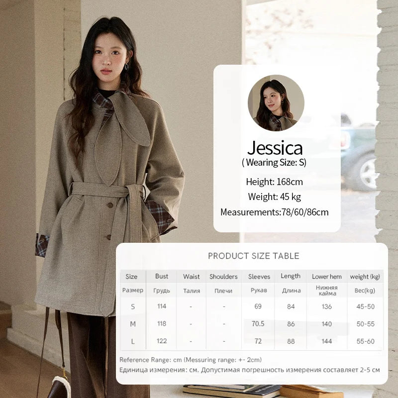 MISHOW Retro British Plaid Patchwork Woolen Coat Winter 2025 Rabbit Ear Tie Collar Waist Cinching Belt Woolen Coats MXE90W0924