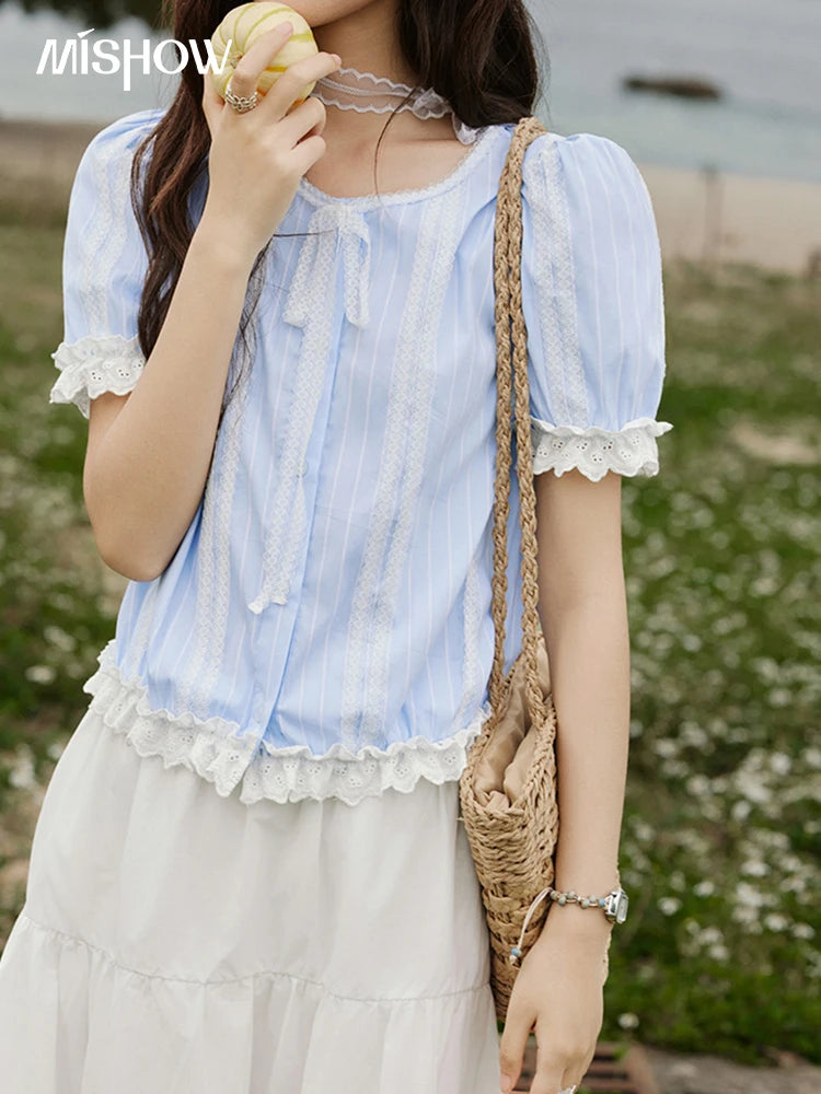MISHOW French Striped Summer Blouses Women 2025 New Short Puff Sleeve Round Neck Lace Patchwork Shirts Fashion Tops MXE32X1759