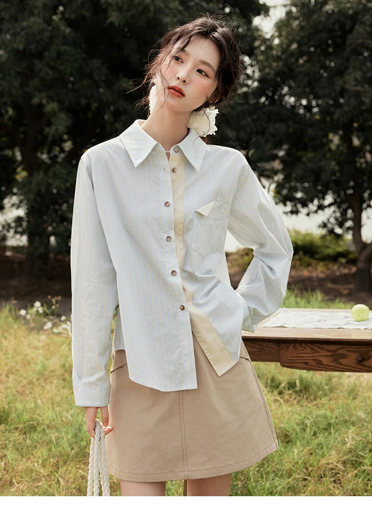 MISHOW Light Blue Striped Shirt for Women Spring 2025 Contrast Color Placket Shirt 100 Cotton Polo Neck Commuting Top MXE15C0762