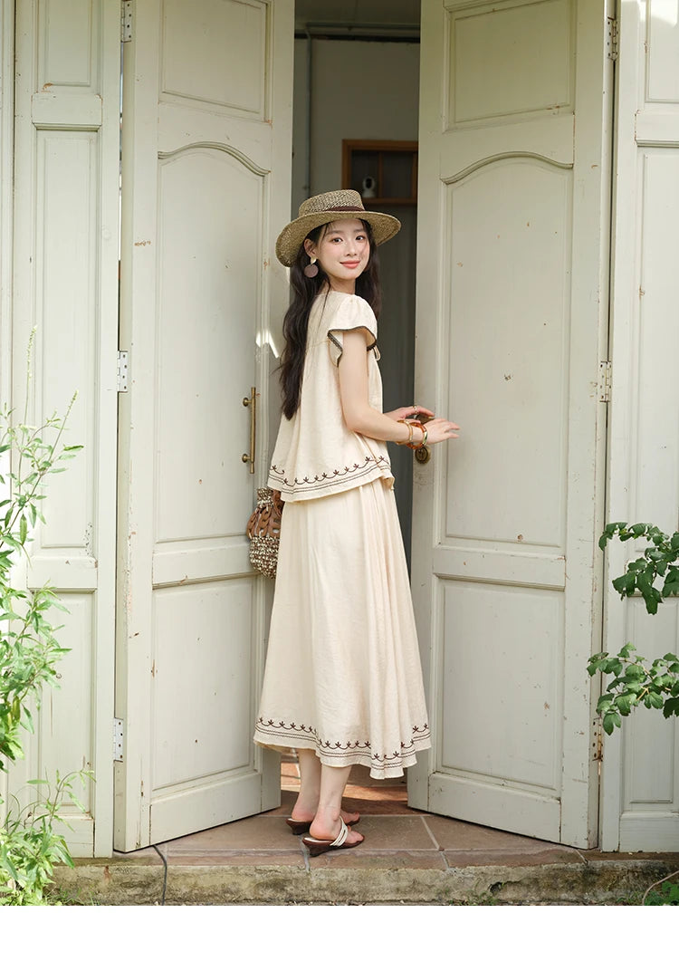 MISHOW Women Two Piece Set 2025 Summer Female Embroidery Flying Sleeve Lace Spliced Top Loose Elastic Waist Skirt Set MXE39T0667