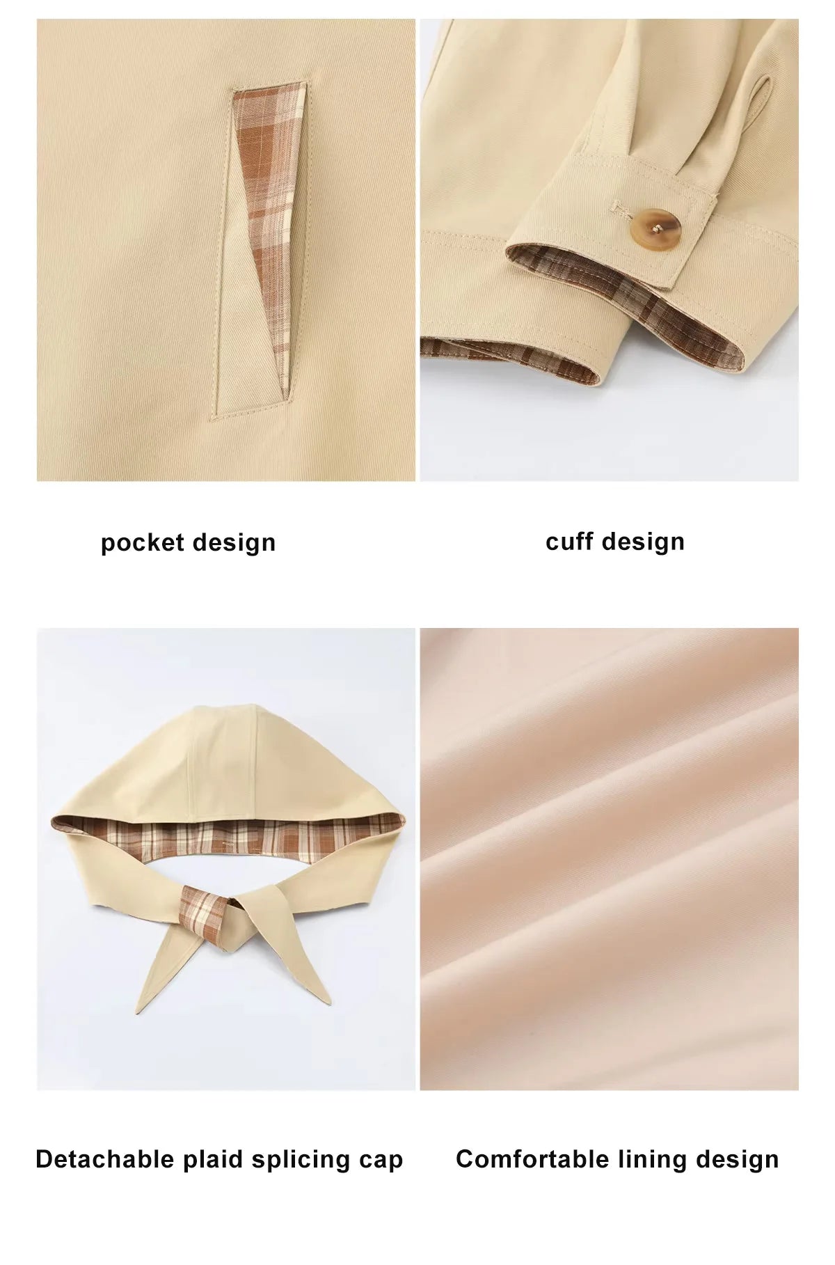 MISHOW Women's Khaki Cropped Trench Coat Spring Lapel Stand Collar Coats Removable Plaid Cap Casual Loose Jacket MXF108W1003