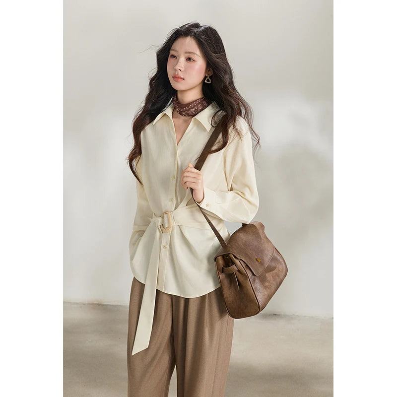 MISHOW Women's Lapel Collar Long Sleeve Shirt 2026 Spring with Belted Waist Casual Loose Soft Beige Shirt Office Lady MXF13C2452