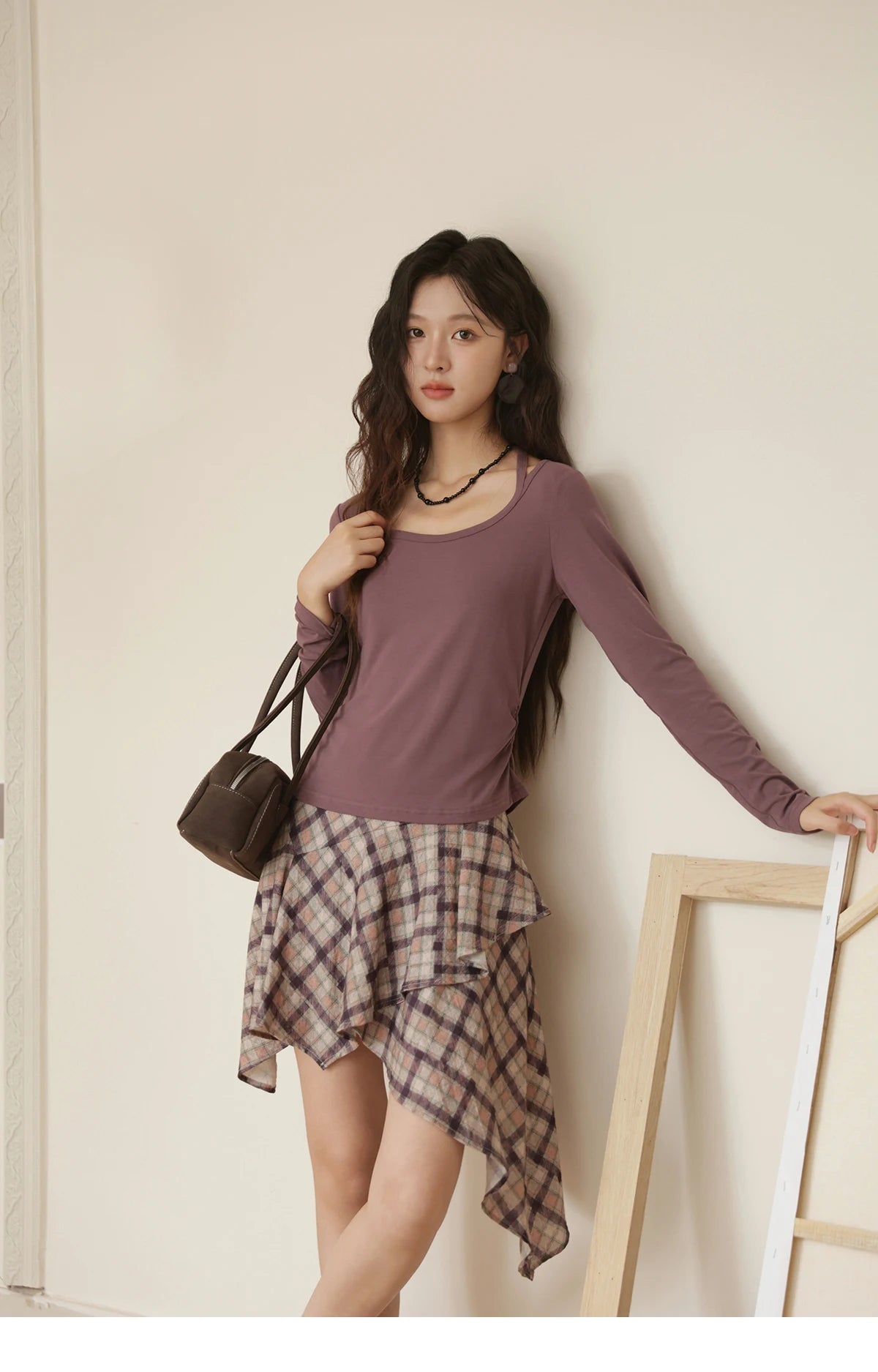 MISHOW Purple Plaid Irregular Skirt for Women Autumn 2025 Linen Blend Invisible Zipper Short Skirt Ruffle Hem Skirts MXE42B2395