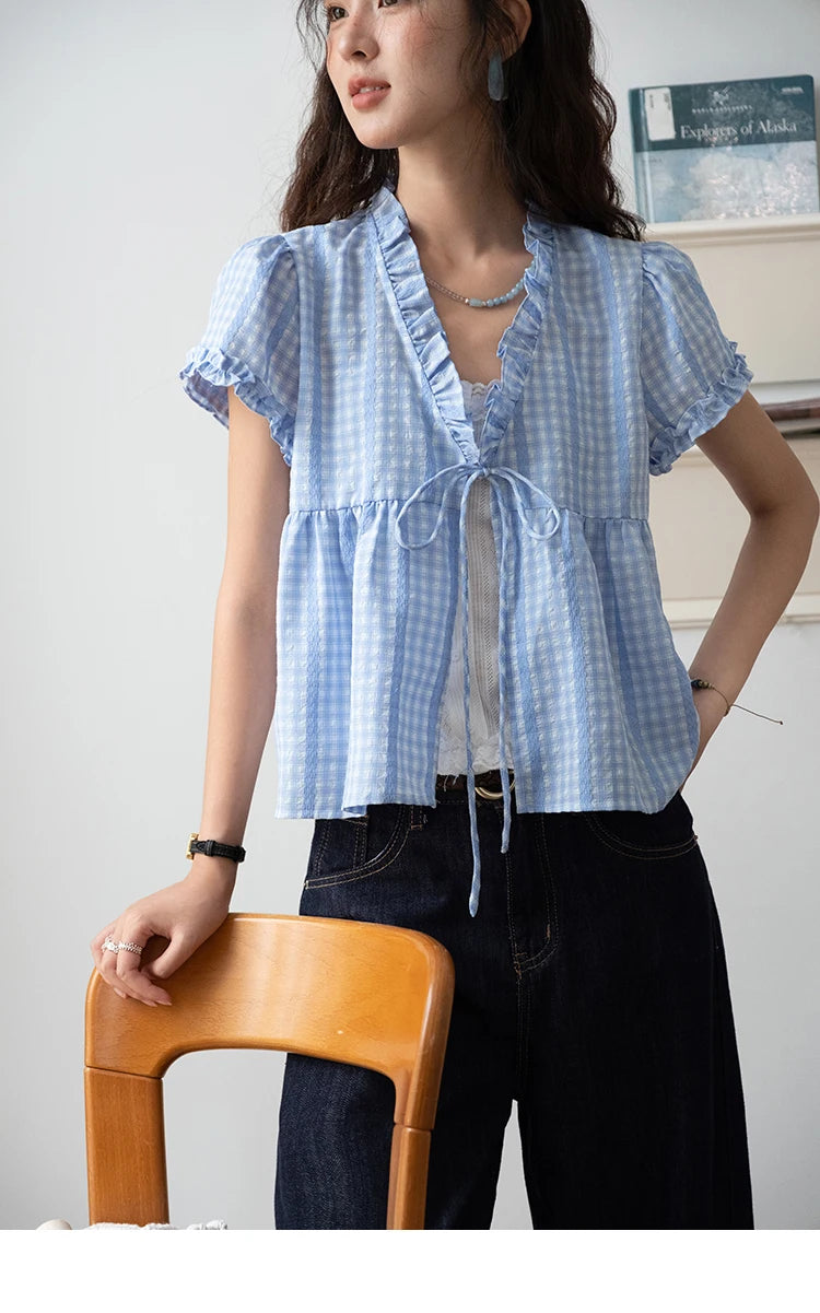 MISHOW Women's Plaid Blue Fake Two Piece Blouse 2025 Summer Fashion Puff Sleeve V-neck Lace Up Top Female Clothing MXE37X1901