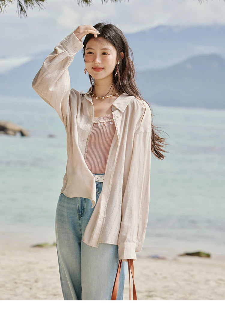 MISHOW Office Lady Summer Blouses Women 2025 New Striped Long Sleeve Turn-down Collar Shirt Female Fashion Loose Tops MXE33C0772