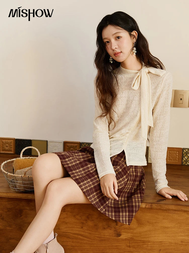 MISHOW Lace Base Tops for Women Autumn 2025 Retro Stand Neck Lace Up Bow Thin Sweater Apricot Waist Knitted Inner Top MXE45Z1382