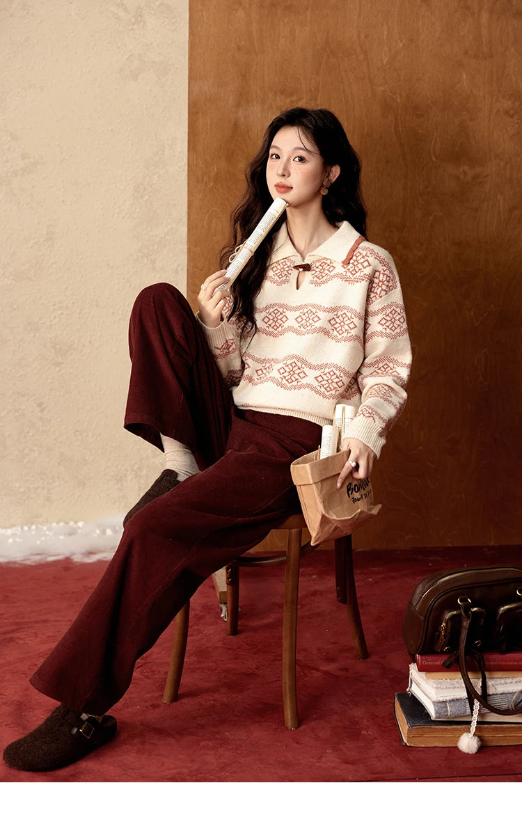 MISHOW Fair Isle Knitting Sweater Women Christmas Turn Down Collar Pullovers Versatile Soft Warm Office Lady Warm Top MXD59Z1042