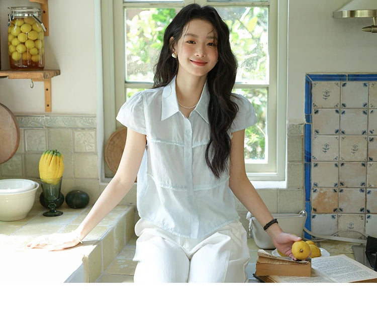 MISHOW Women's Turn-down Collar Button Casual Shirt 2025 Summer New Ladies Wear Edge Splicing Commut Short Sleeve Top MXE39C2363