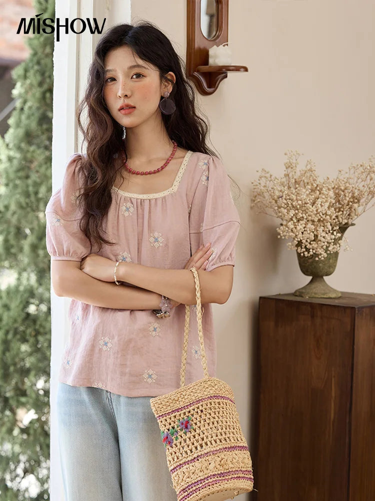 MISHOW Pink Embroidered Linen Floral Blouse for Summer 2025 A-line Square Collar Blouses Lace Patchwork Loose Tops MXE35X1834