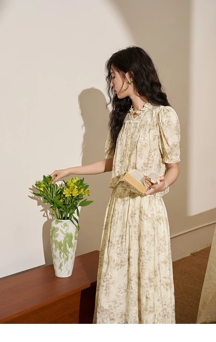 MISHOW Chinese Chiffon Embroidered Shirt A-line Skirt Separately Summer Puff Sleeve Top Rear Elastic Waist Skirt MXD24X1405