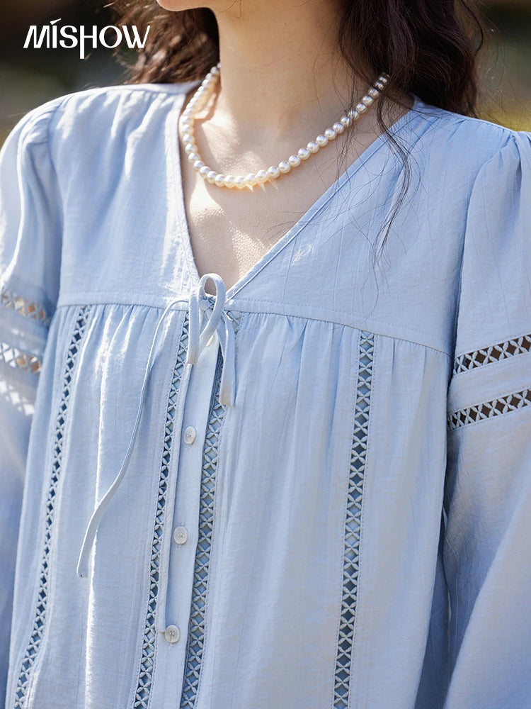 MISHOW French Sweet Loose Blue Shirt for Women 2025 Spring Summer V-neck Lace-up Hollow Doll Shirt Lantern Sleeve Top MXE12C0411