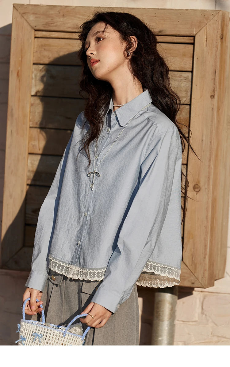 MISHOW Women's 100 Cotton Blue Shirt Spring 2025 Hem Lace Shirt Lapel Collar Commute Top Casual Solid Loose Shirts MXE12C0410