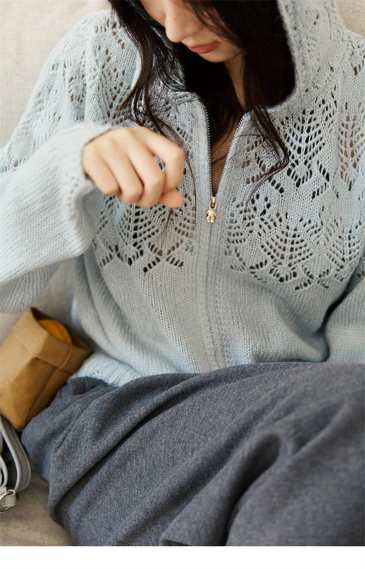 MISHOW Women's Autumn Cardigan 2025 New Loose Blue Hollow Knitted Cardigan Commute Hooded Short Zipper Sweater MXE46Z2584