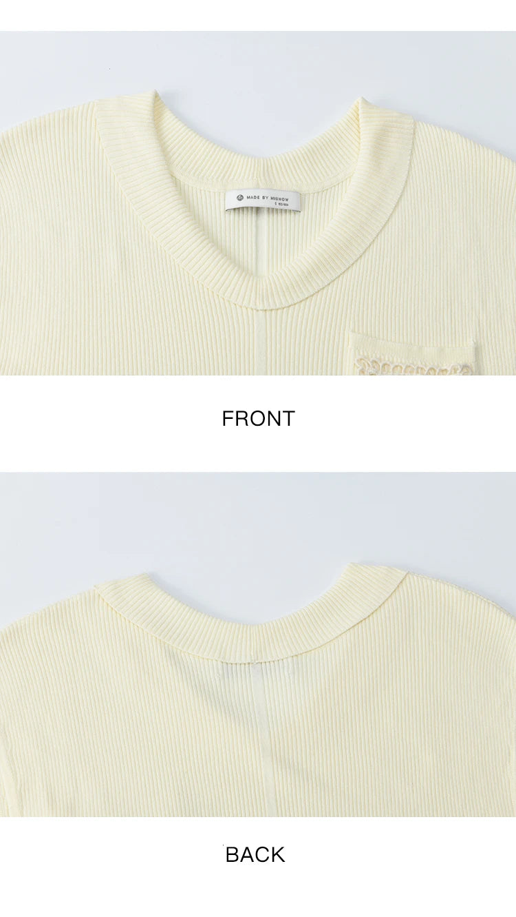 MISHOW Cool Knitted Short Sleeve T-shirt 2025 Summer V-neck Pocket Shell Lace Tops Casual Solid Raglan Sleeve Tees MXE34Z1265