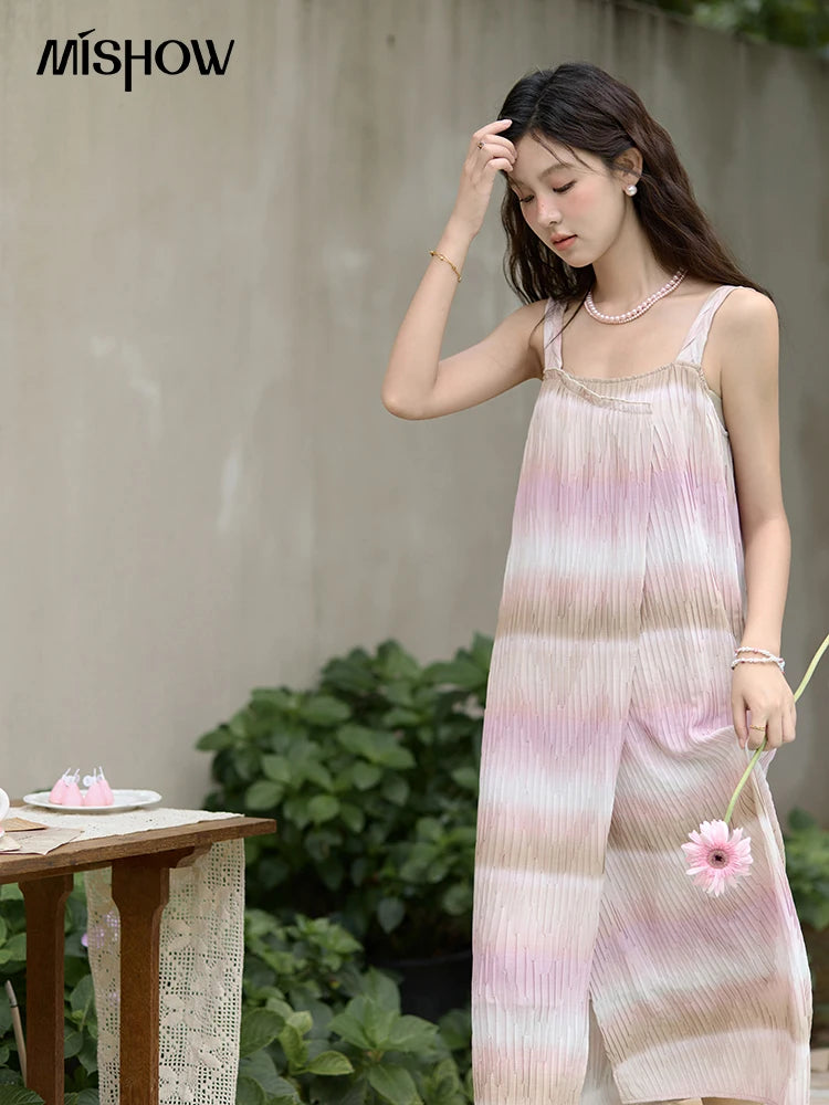 MISHOW Pink Striped Suspender Dress for Women 2025 Summer Sleeveless Irregular Front Dress Wave Mid Length Dresses MXD29L1930
