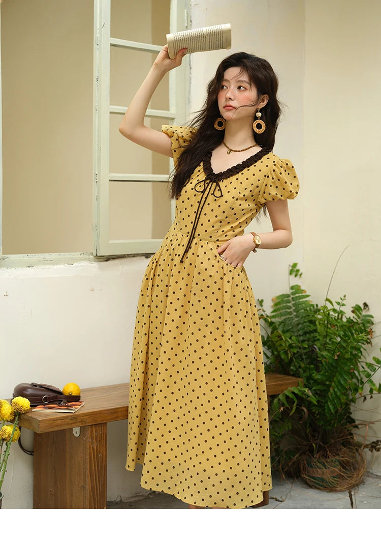 MISHOW Women's Casual Polka Dot Dress 2025 Summer New Ladies Puff Sleeve V-neck Lace Up Ruffle Edge Pocket Dresses MXE39L2326