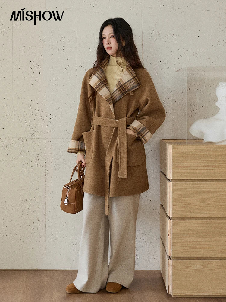 MISHOW Plaid Double-faced Wool Coat Women 2025 Winter Retro Lapel Single Buckle Loose Mid-length Coat Woman Clothes MXE89W0898