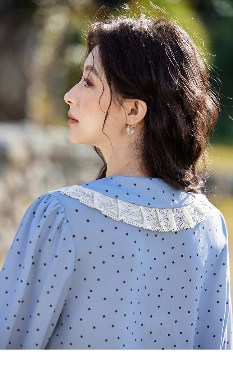 MISHOW Lace Patchwork Polka Dot Shirt for Women Spring 2025 French V-neck Shirt Cuff Splic with Hollowed Out Lace Top MXE12X1707