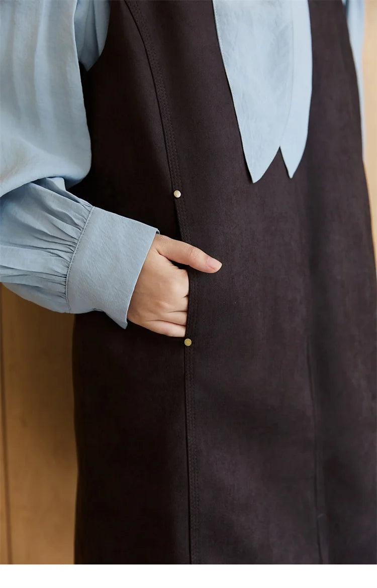 MISHOW Woman Two-piece Set 2025 Autumn College Style Light Blue Shirt Dark Brown Vest Skirt Suit Woman Clothes MXE47T1408